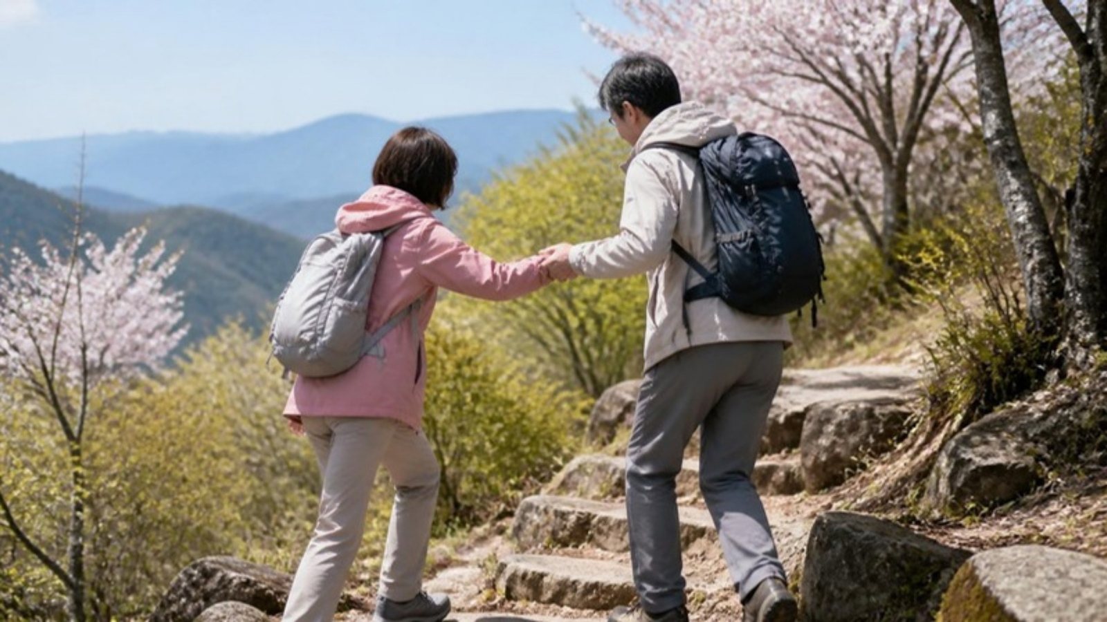 桜の咲く山道で、手を貸し合いながら歩く二人
