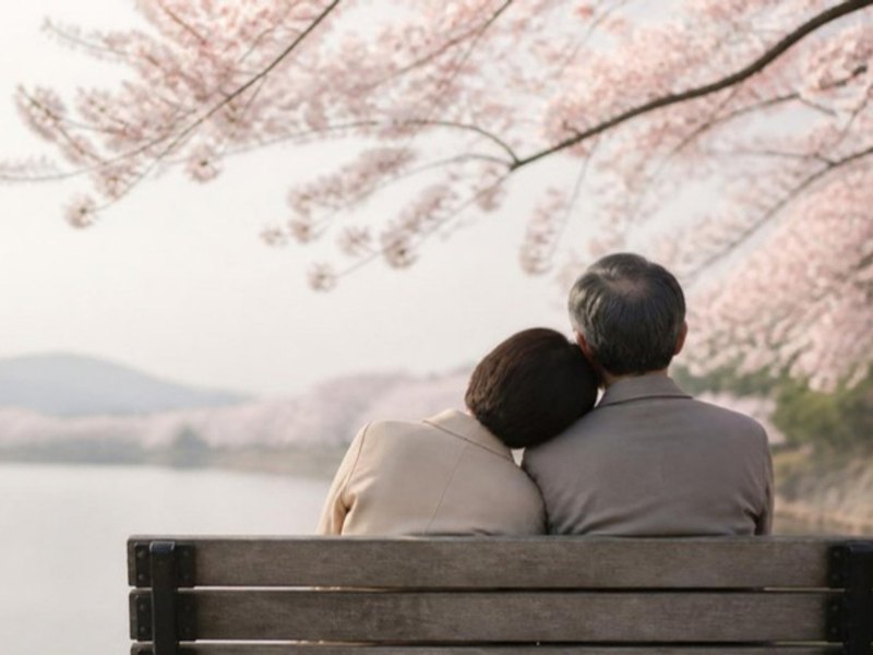 桜の下のベンチで寄り添う、大人の二人の後ろ姿